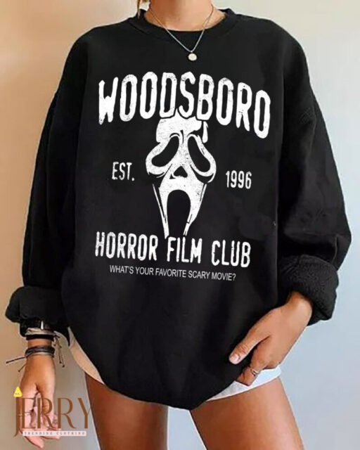 Woodsboro Horror Film Club Comfort Sweatshirt, Vintage Halloween Woman Sweatshirt, Thriller Movie, Horror Movies, Scary Movie, Ghost Face