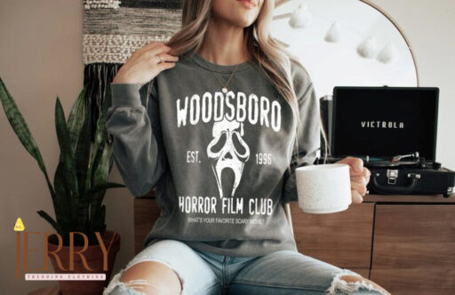 Woodsboro Horror Film Club Comfort Sweatshirt, Vintage Halloween Woman Sweatshirt, Thriller Movie, Horror Movies, Scary Movie, Ghost Face