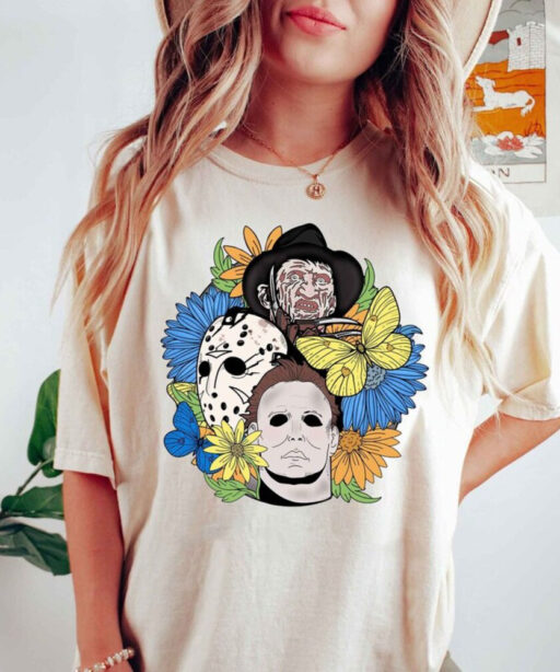 Retro Halloween shirt, Halloween floral T-shirt, Scream, Jason, Michael Myers, Horror movie Floral shirt, Fall Shirt, Halloween Gift Shirt