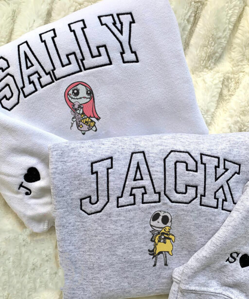 Halloween Jack And Sally Embroidered Crewneck Sweatshirt, Custom Name Couples Embroidery, Best Gift For Couples Halloween/Christmas