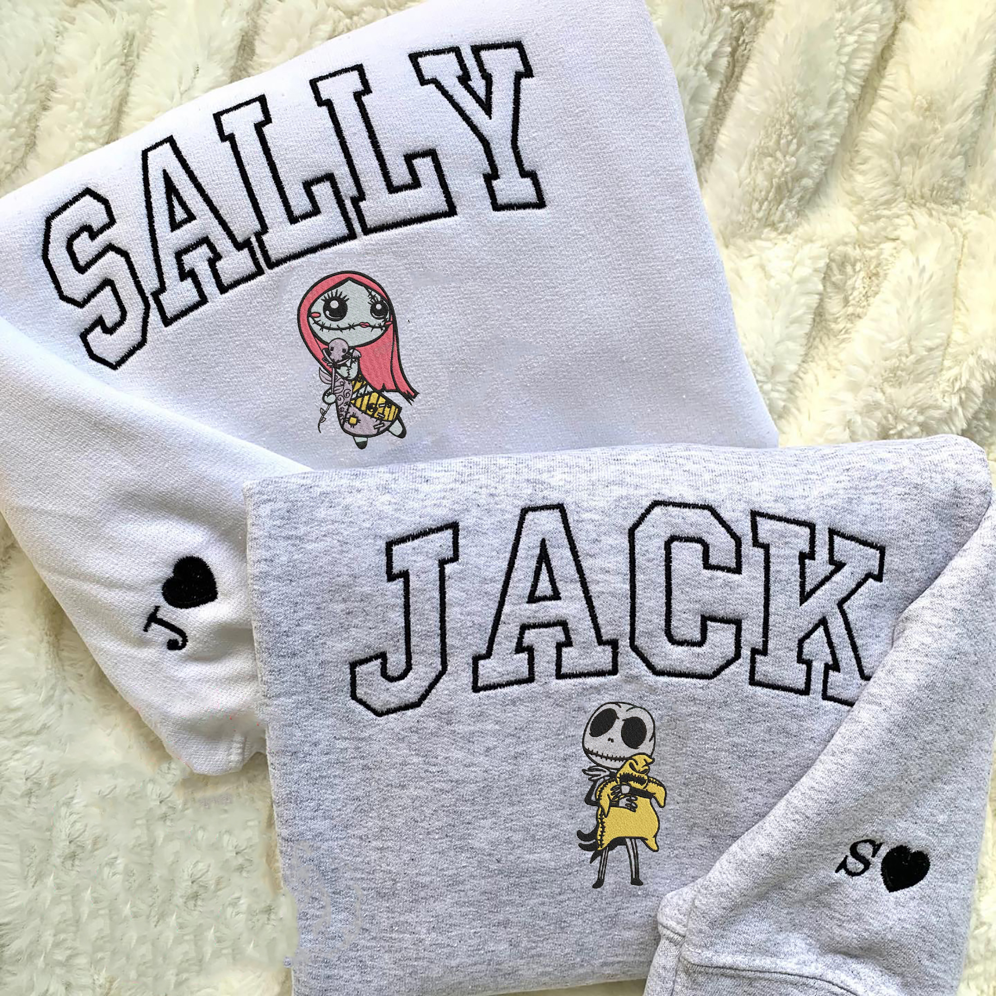 Halloween Jack And Sally Embroidered Crewneck Sweatshirt, Custom Name Couples Embroidery, Best Gift For Couples Halloween/Christmas