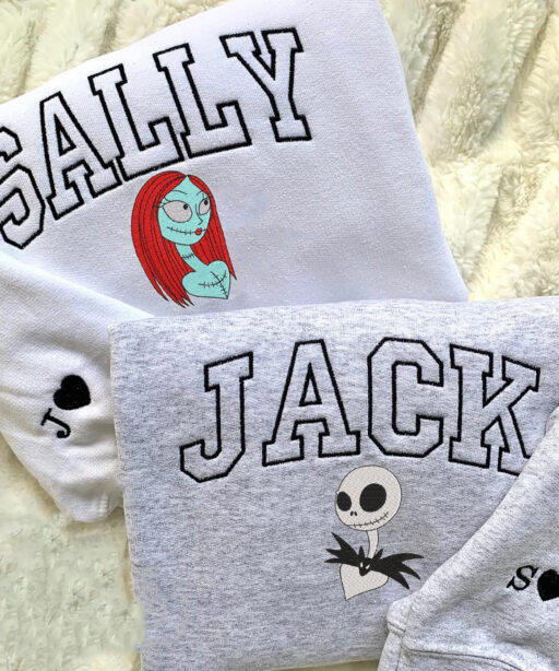 Jack and Sally Embroidered Sweatshirt - Couples Jack and Sally Hoodie - Customized Name Couples Embroidery - Gift For Halloween/Christmas