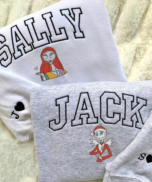 Jack And Sally Embroidered Sweatshirt, Jack and Sally Embroidered Sweater, Custom Name Couples Embroidery, Gift For Couples Halloween/Xmas