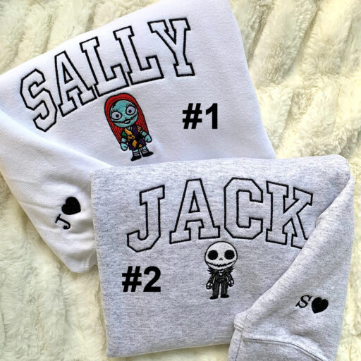 Jack And Sally Skeleton Names Disney Embroidered Sweatshirts