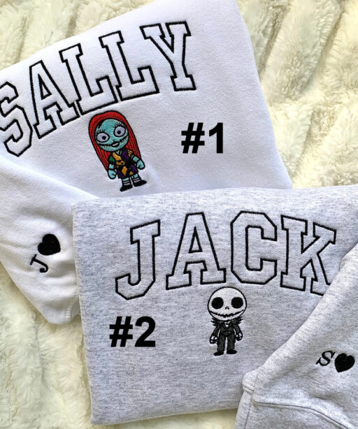 Jack And Sally Skeleton Names Disney Embroidered Sweatshirts