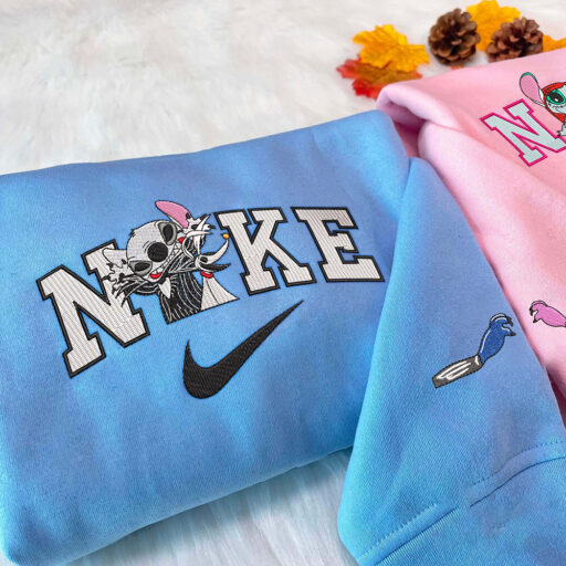 Stitch And Angel As Jack and Sally Disney Nike Embroidered Sweatshirts