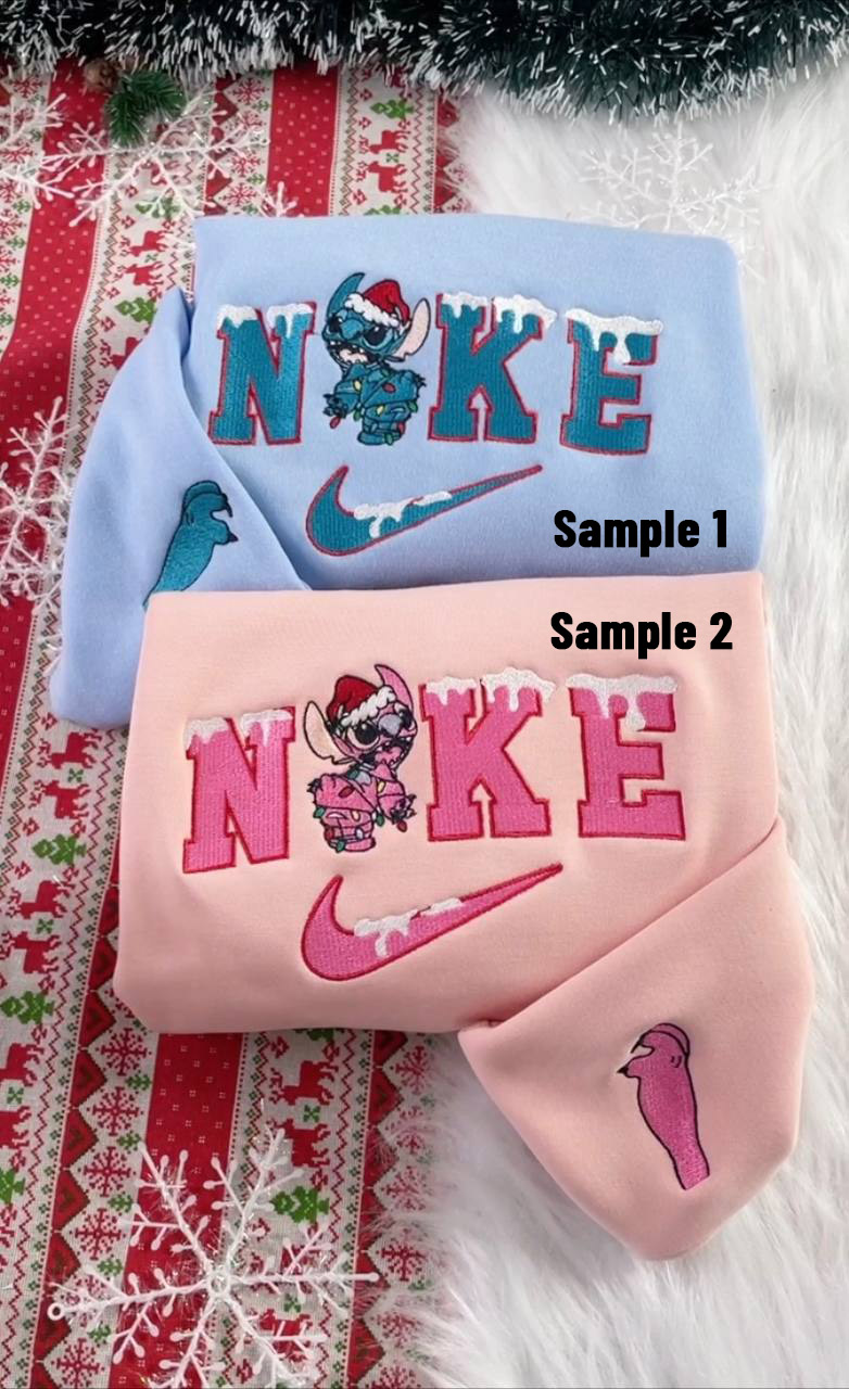 Stitch And Angel Disney Christmas Nike Nike Embroidered Sweatshirts