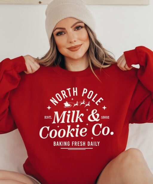 Milk and Cookies North Sweater, Vintage Christmas, Christmas Sweatshirt, Women's Cute Santa, Xmas Graphic Pullover, Holiday Ugly Sweater