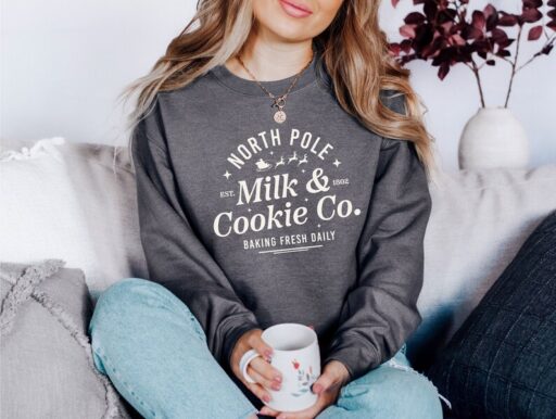 Milk and Cookies North Sweater, Vintage Christmas, Christmas Sweatshirt, Women's Cute Santa, Xmas Graphic Pullover, Holiday Ugly Sweater