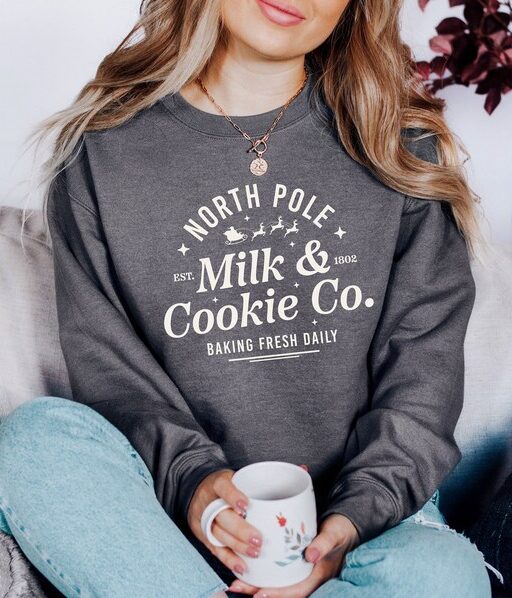 Milk and Cookies North Sweater, Vintage Christmas, Christmas Sweatshirt, Women's Cute Santa, Xmas Graphic Pullover, Holiday Ugly Sweater