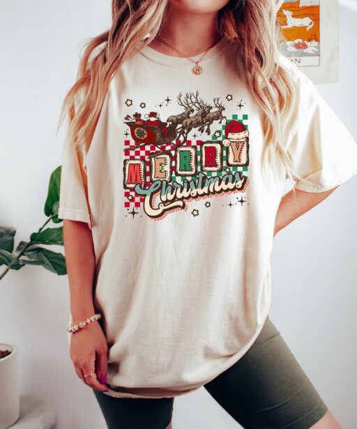 Retro Christmas Comfort Colors Shirt, Merry Merry Christmas Shirt, Vintage Santa Christmas Shirt, Retro Holiday Shirt, Ugly Sweater Shirt