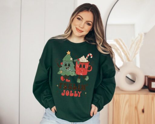 Feeling Jolly Holiday Sweater, Vintage Christmas, Christmas Sweatshirt, Cute Santa, Xmas Graphic Pullover, Holiday Ugly Sweater