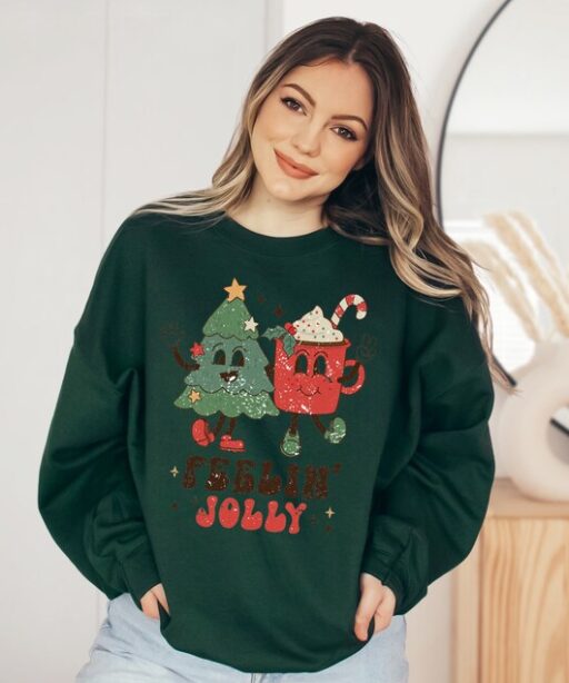 Feeling Jolly Holiday Sweater, Vintage Christmas, Christmas Sweatshirt, Cute Santa, Xmas Graphic Pullover, Holiday Ugly Sweater