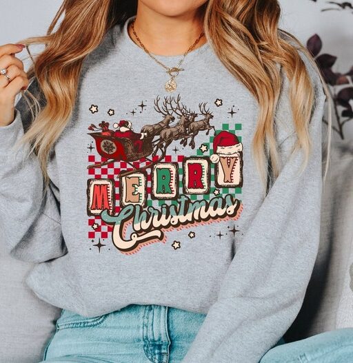 Boho Merry Christmas Tree Sweater, Vintage Christmas, Christmas Sweatshirt, Women's Cute Santa, Xmas Graphic Pullover, Holiday Ugly Sweater