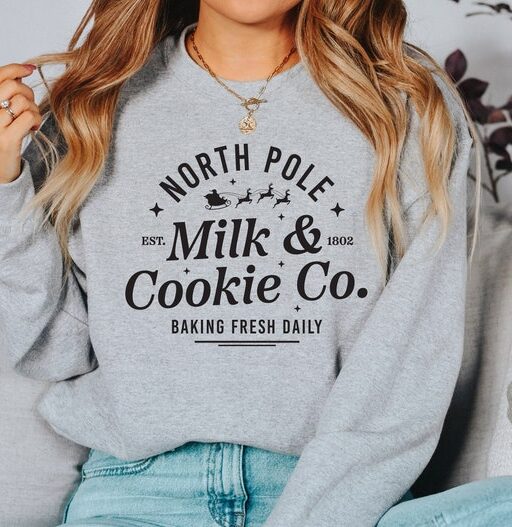 Milk and Cookies North Sweater, Vintage Christmas, Christmas Sweatshirt, Women's Cute Santa, Xmas Graphic Pullover, Holiday Ugly Sweater