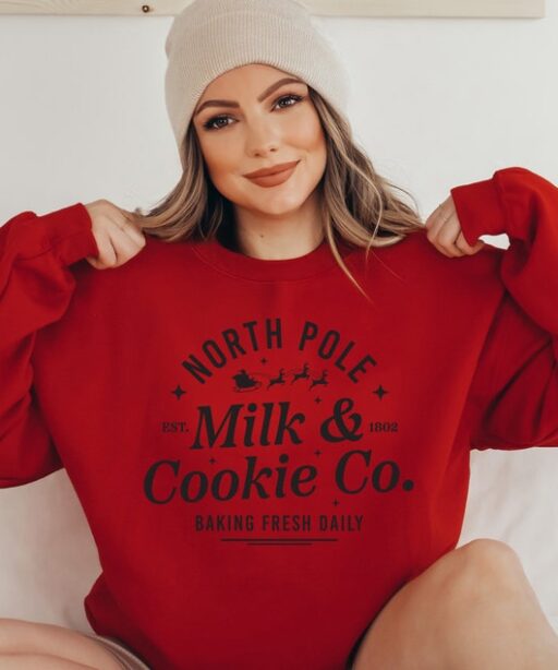 Milk and Cookies North Sweater, Vintage Christmas, Christmas Sweatshirt, Women's Cute Santa, Xmas Graphic Pullover, Holiday Ugly Sweater