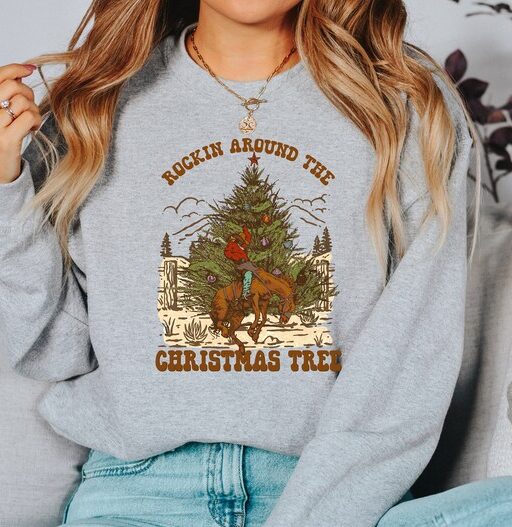 Rockin' Around Sweater, Vintage Christmas, Christmas Tree Sweatshirt, Womens Cute Santa, Xmas Graphic Pullover, Holiday Ugly Sweater