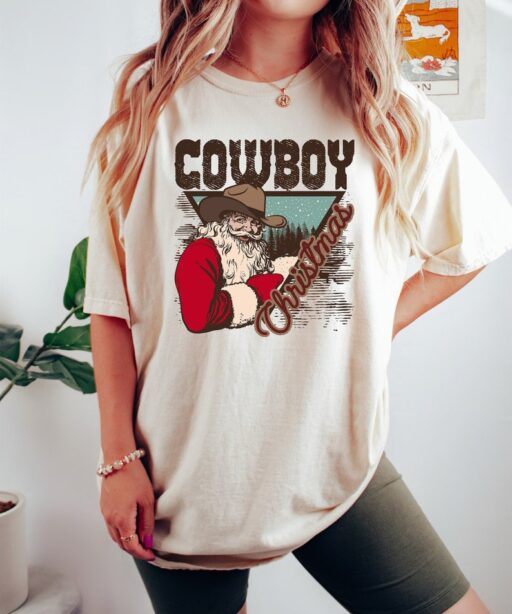 Retro Christmas Comfort Colors Shirt, Christmas Cowboy Western Shirt, Vintage Santa Christmas Shirt, Retro Holiday Shirt, Ugly Sweater Shirt