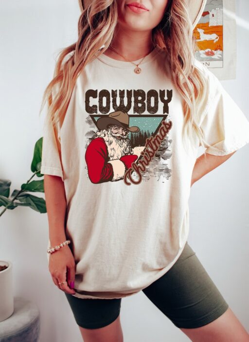 Retro Christmas Comfort Colors Shirt, Christmas Cowboy Western Shirt, Vintage Santa Christmas Shirt, Retro Holiday Shirt, Ugly Sweater Shirt