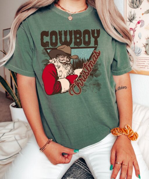 Retro Christmas Comfort Colors Shirt, Christmas Cowboy Western Shirt, Vintage Santa Christmas Shirt, Retro Holiday Shirt, Ugly Sweater Shirt