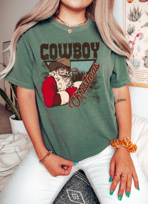 Retro Christmas Comfort Colors Shirt, Christmas Cowboy Western Shirt, Vintage Santa Christmas Shirt, Retro Holiday Shirt, Ugly Sweater Shirt