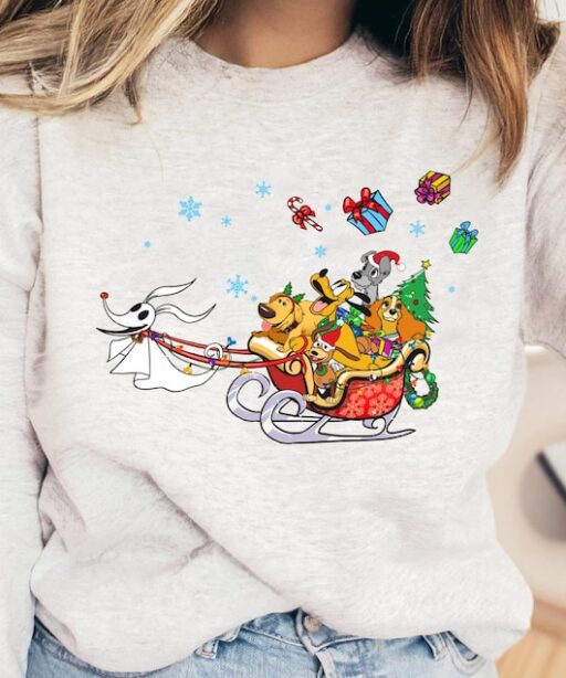 Disney Dog Zero Dog Sleigh Riding Shirt, Pluto Slinky Nana Lady And Tramp T-shirt, Disney Christmas Tee, Mickey's Very Merry Christmas Party