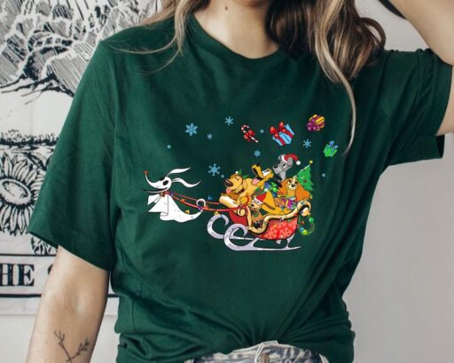 Disney Dog Zero Dog Sleigh Riding Shirt, Pluto Slinky Nana Lady And Tramp T-shirt, Disney Christmas Tee, Mickey's Very Merry Christmas Party