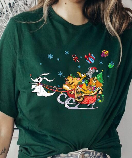 Disney Dog Zero Dog Sleigh Riding Shirt, Pluto Slinky Nana Lady And Tramp T-shirt, Disney Christmas Tee, Mickey's Very Merry Christmas Party