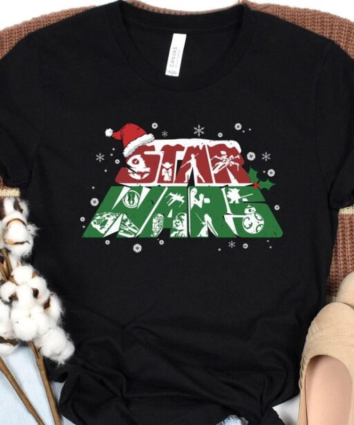 Star Wars Christmas Logo Santa Hat Shirt, Darth Vader Millennium Falcon Disney Xmas Tee, Disney World Christmas Party, Hollywood Studios