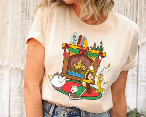 Mrs. Potts Chip Cogsworth Lumiere Holiday Fireplace Shirt, Beauty And The Beast Disney Christmas Tee, Mickey's Very Merry Christmas Party