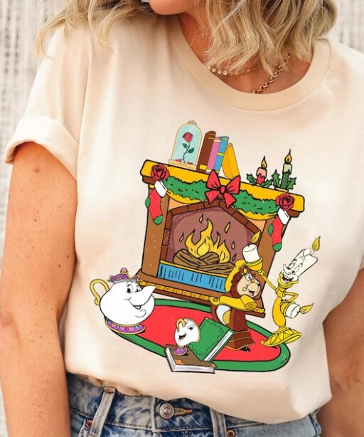 Mrs. Potts Chip Cogsworth Lumiere Holiday Fireplace Shirt, Beauty And The Beast Disney Christmas Tee, Mickey's Very Merry Christmas Party