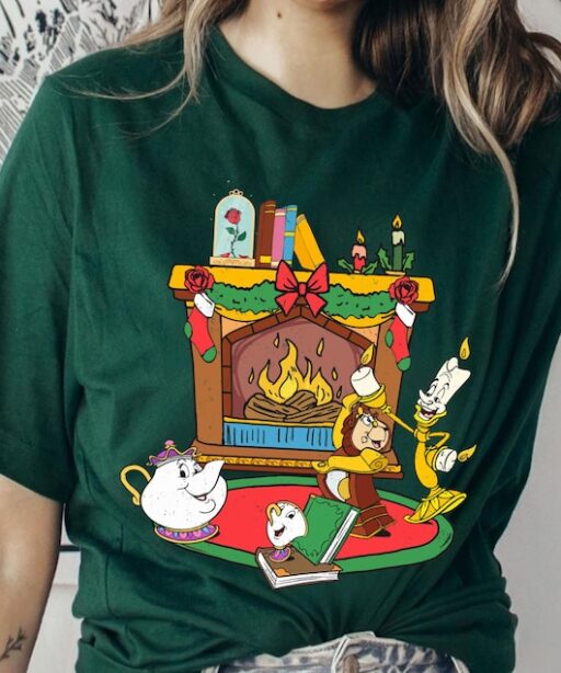 Mrs. Potts Chip Cogsworth Lumiere Holiday Fireplace Shirt, Beauty And The Beast Disney Christmas Tee, Mickey's Very Merry Christmas Party