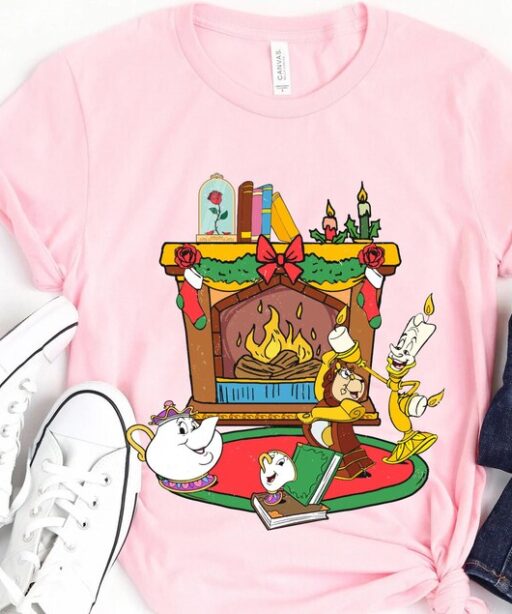 Mrs. Potts Chip Cogsworth Lumiere Holiday Fireplace Shirt, Beauty And The Beast Disney Christmas Tee, Mickey's Very Merry Christmas Party