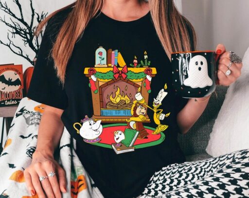 Mrs. Potts Chip Cogsworth Lumiere Holiday Fireplace Shirt, Beauty And The Beast Disney Christmas Tee, Mickey's Very Merry Christmas Party