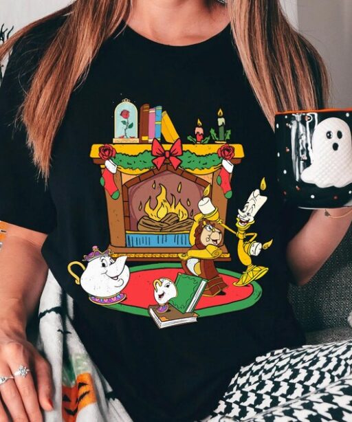 Mrs. Potts Chip Cogsworth Lumiere Holiday Fireplace Shirt, Beauty And The Beast Disney Christmas Tee, Mickey's Very Merry Christmas Party