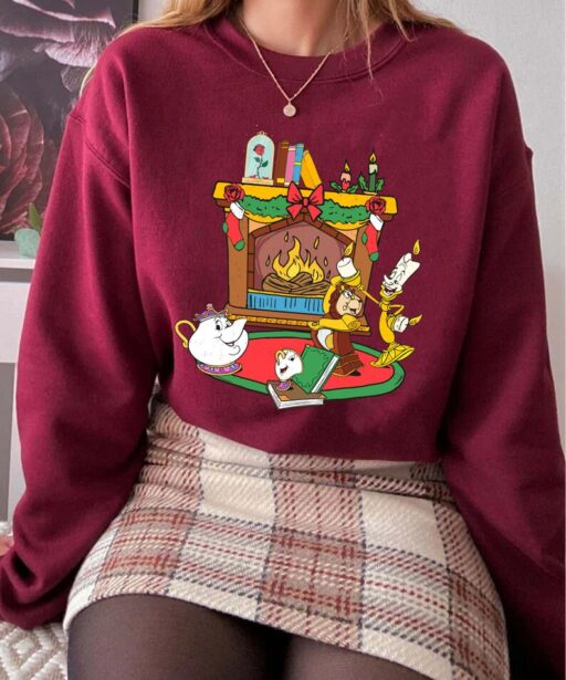 Mrs. Potts Chip Cogsworth Lumiere Holiday Fireplace Shirt, Beauty And The Beast Disney Christmas Tee, Mickey's Very Merry Christmas Party