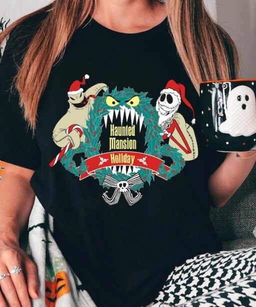 Nightmare Before Christmas Jack Oogie Boogie Monster Wreath Shirt, Haunted Mansion Holiday, Disney Xmas Tee, Mickey's Very Merry Christmas