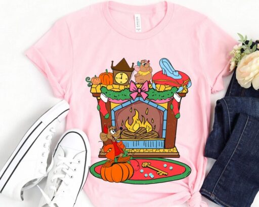 Jaq And Gus Cinderella Holiday Fireplace Shirt, Vintage Disney Xmas Tee, Mickey's Very Merry Christmas Party, Disneyland Holiday Season Trip