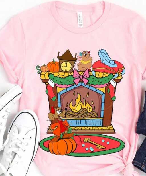 Jaq And Gus Cinderella Holiday Fireplace Shirt, Vintage Disney Xmas Tee, Mickey's Very Merry Christmas Party, Disneyland Holiday Season Trip