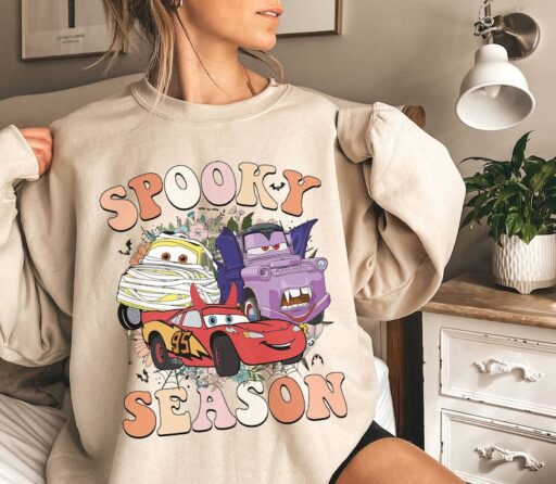 Vintage Halloween Cars Spooky Season Shirt | Cars Land Floral Shirt | Lightning McQueen Tow Mater Halloween Shirt | Trick Or Treat Shirt