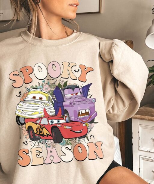 Vintage Halloween Cars Spooky Season Shirt | Cars Land Floral Shirt | Lightning McQueen Tow Mater Halloween Shirt | Trick Or Treat Shirt