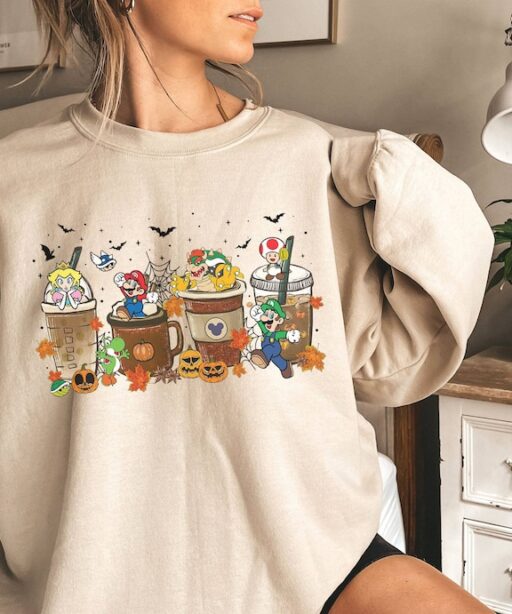 Retro Halloween Super Mario Coffee Cup Shirt | Mario Bowser Princes Peach Shirt | Video Game Halloween Shirt | Mario Trick Or Treat