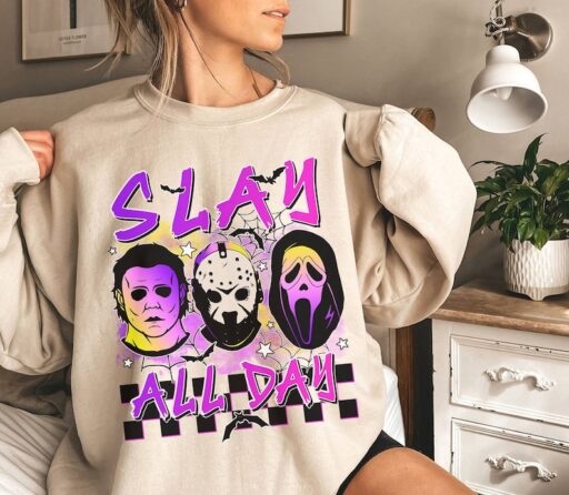 Horror Halloween Characters Shirt | Jason Voorhees Michael Myers Ghost Face Shirt | Slay All Day Shirt | Horror Movie Shirt