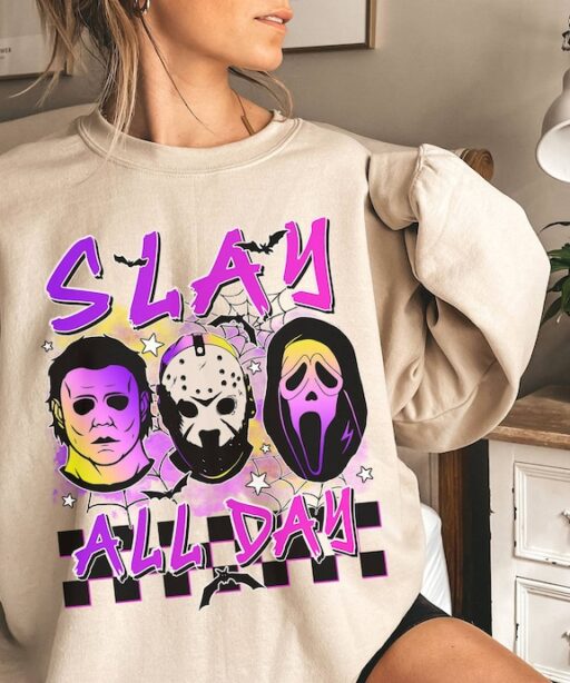 Horror Halloween Characters Shirt | Jason Voorhees Michael Myers Ghost Face Shirt | Slay All Day Shirt | Horror Movie Shirt