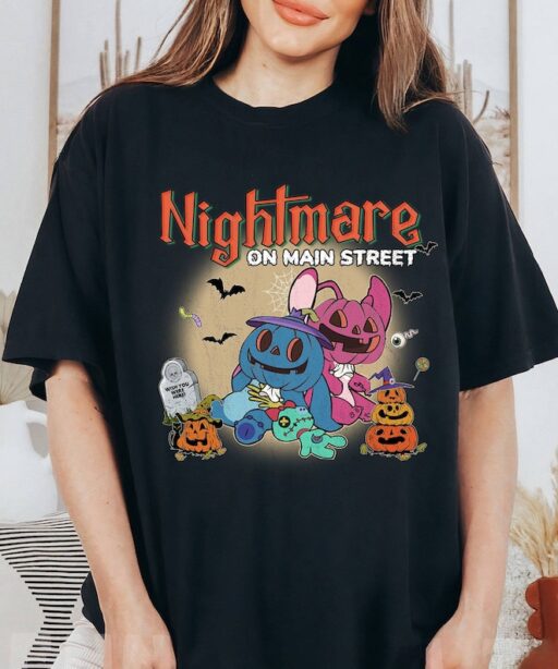 Vintage Stitch And Angel Halloween Pumpkin Shirt | Stitch Nightmare on Mainstreet Shirt | WDW Spooky Season Trick or Treat