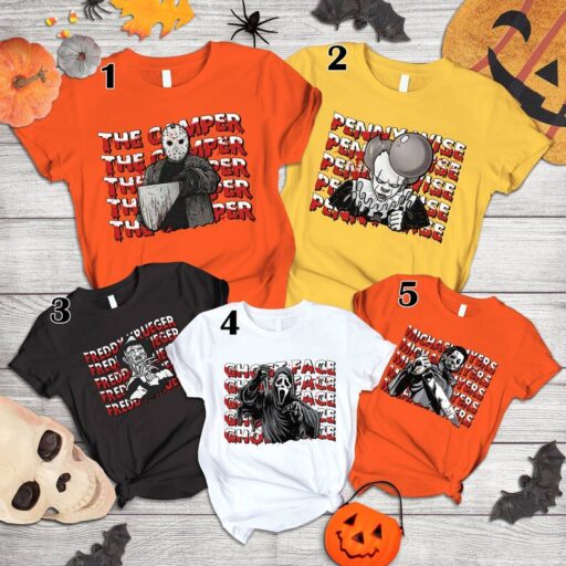 Horror Movies Characters Shirt, Vintage Horror Halloween Sweatshirt | Scream Ghost Face Michael Myers Freddy Kruger IT Jason Halloween Shirt