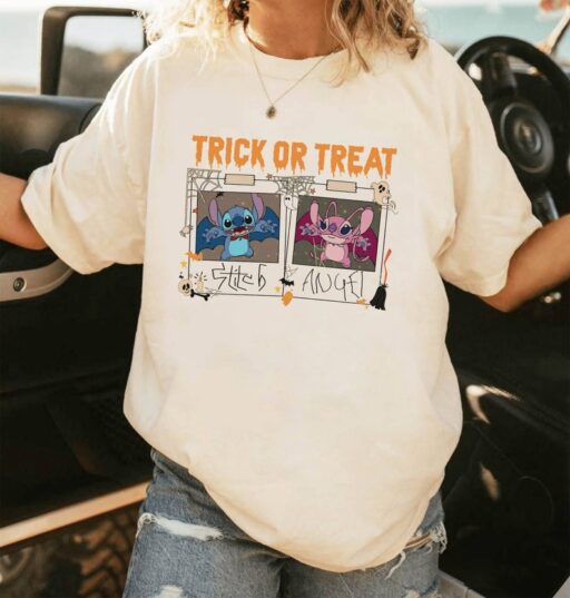 Stitch And Angel Halloween | Disneyland Trick Or Treat Shirt | Stitch Polaroid Halloween Shirt | Halloween Magic Kingdom Shirt