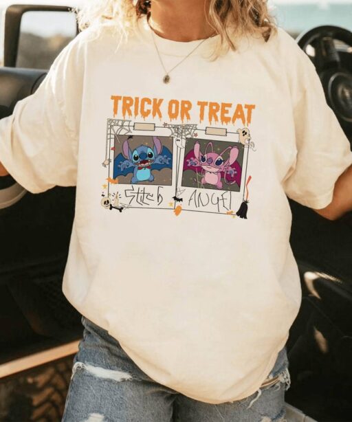 Stitch And Angel Halloween | Disneyland Trick Or Treat Shirt | Stitch Polaroid Halloween Shirt | Halloween Magic Kingdom Shirt