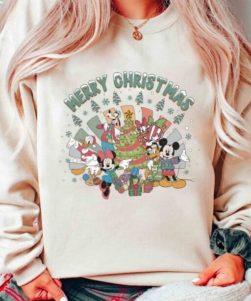 Vintage Mickey and Friends Merry Christmas 2023 Sweatshirt, Mickey And Friends, Minnie, Donald, Goofy, Pluto, Daisy, Mickey Mouse Christmas