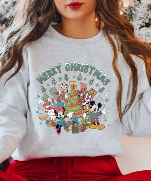 Vintage Mickey and Friends Merry Christmas 2023 Sweatshirt, Mickey And Friends, Minnie, Donald, Goofy, Pluto, Daisy, Mickey Mouse Christmas